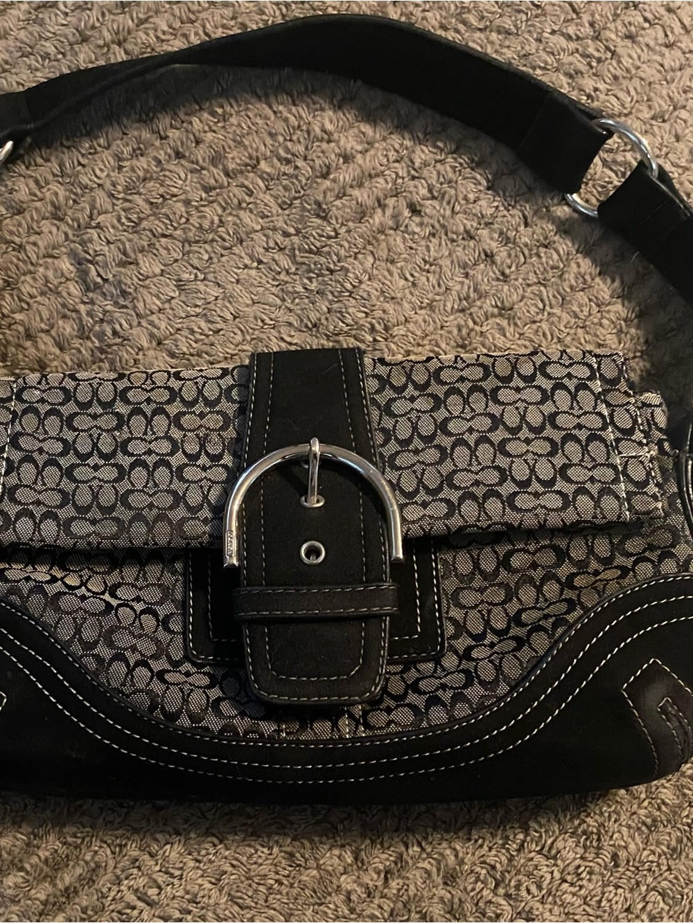 Coach Black and Gray Signature Jacquard Shoulder Bag with Buckle